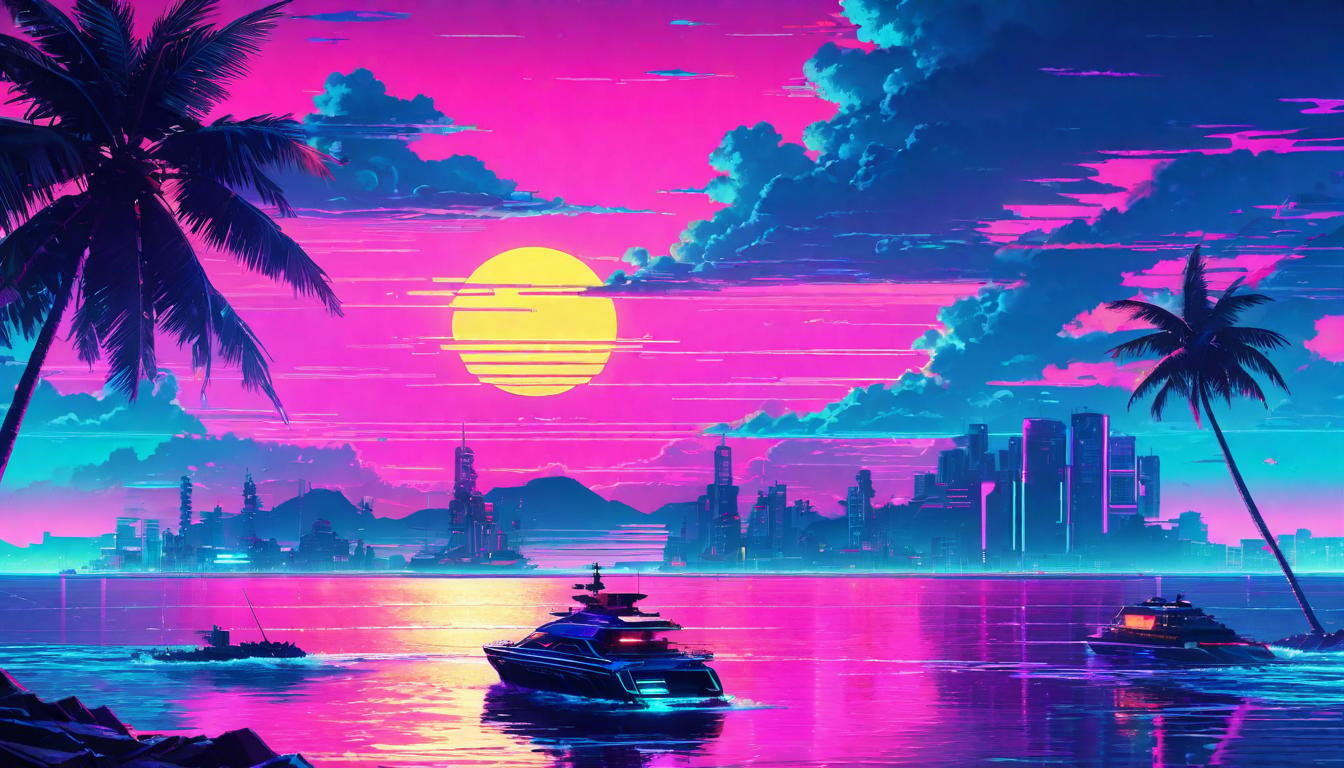  vaporwave,cyberpunk game style A calm sea at dusk, smooth waters reflecting the last light of day, embodying mastery over chaos, serene, tranquileon, dystopian, futuristic, digital, vibrant, detailed, high contrast, reminiscent of cyberpunk genre video games,retro aesthetic, cyberpunk, vibrant, neon colors, vintage 80s and 90s style, highly detailed