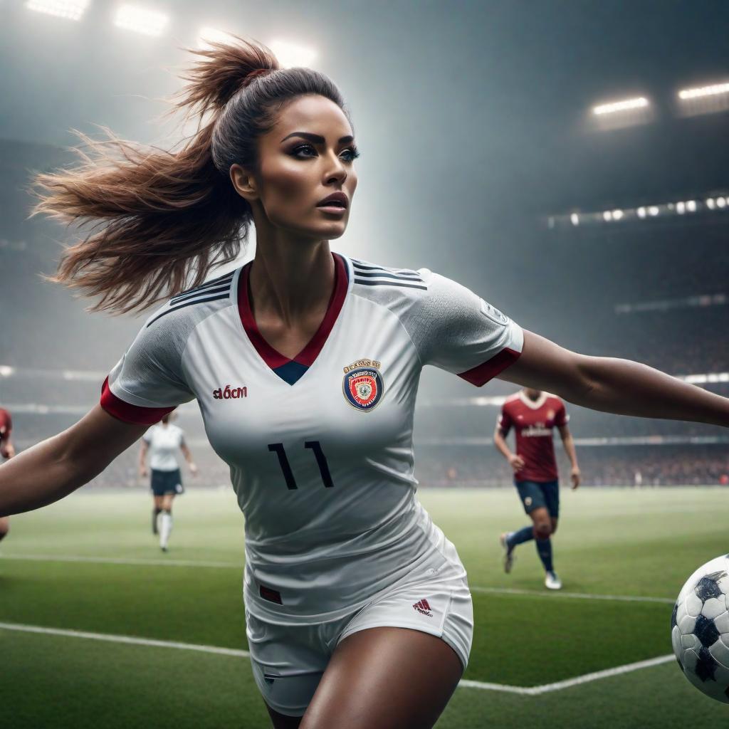  Visualize a female footballer in action on the field, kicking a soccer ball with determination and focus. hyperrealistic, full body, detailed clothing, highly detailed, cinematic lighting, stunningly beautiful, intricate, sharp focus, f/1. 8, 85mm, (centered image composition), (professionally color graded), ((bright soft diffused light)), volumetric fog, trending on instagram, trending on tumblr, HDR 4K, 8K