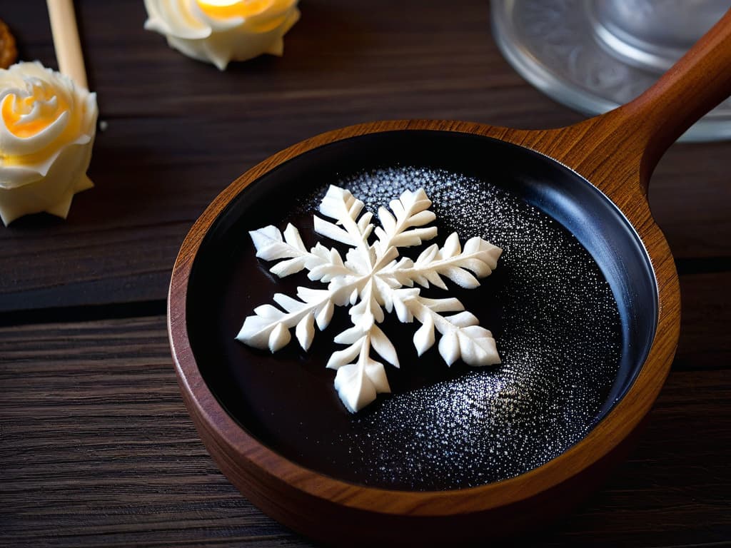  A closeup, ultradetailed image of a delicate snowflake gently resting on a dark wooden spoon, symbolizing the beauty and intricacy of winter desserts. The snowflake is perfectly formed with intricate patterns, showcasing the artistry and precision required in creating delectable winter treats. The contrast between the dark, rustic spoon and the intricate snowflake highlights the elegance and sophistication of winter dessert recipes, inviting readers to explore the world of delicious and visually stunning creations. hyperrealistic, full body, detailed clothing, highly detailed, cinematic lighting, stunningly beautiful, intricate, sharp focus, f/1. 8, 85mm, (centered image composition), (professionally color graded), ((bright soft diffused light)), volumetric fog, trending on instagram, trending on tumblr, HDR 4K, 8K