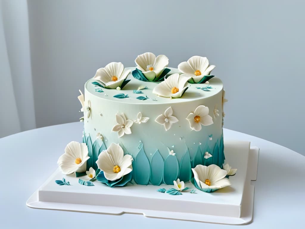  A minimalist image of a pristine white fondant cake adorned with delicate, intricate fondant flowers in soft pastel hues, set against a clean, solidcolored backdrop. The cake should exude elegance and craftsmanship, showcasing the seamless finish and artistry that can be achieved with glutenfree fondant. Each petal of the flowers should be meticulously sculpted, adding a touch of sophistication to the overall composition. hyperrealistic, full body, detailed clothing, highly detailed, cinematic lighting, stunningly beautiful, intricate, sharp focus, f/1. 8, 85mm, (centered image composition), (professionally color graded), ((bright soft diffused light)), volumetric fog, trending on instagram, trending on tumblr, HDR 4K, 8K