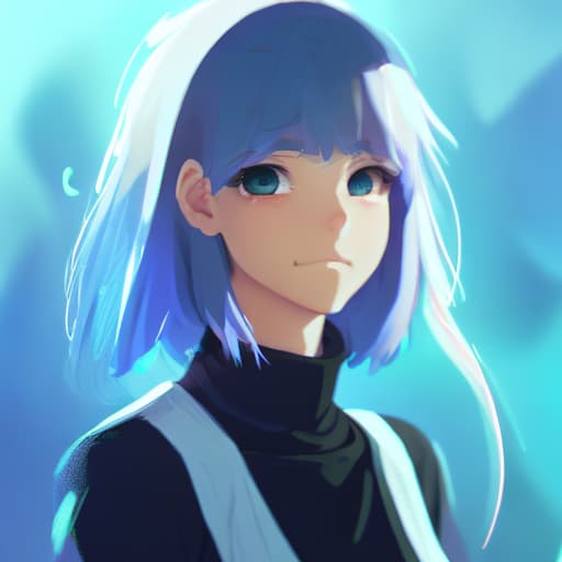 portrait+ style masterpiece. blurry background. loocing at viewers. 1girl. blue hair. Makoto Shinkai style. bangs. vibrant colors. 32K. high details. in the style skin art. blue eyes. full body. futures. beautiful.