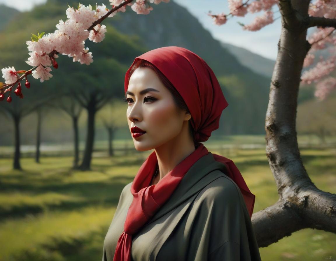  concept art A digital art portrait of a woman with a red headscarf, cherry blossoms in her hair, and serene landscape in the background. . digital artwork, illustrative, painterly, matte painting, highly detailed hyperrealistic, full body, detailed clothing, highly detailed, cinematic lighting, stunningly beautiful, intricate, sharp focus, f/1. 8, 85mm, (centered image composition), (professionally color graded), ((bright soft diffused light)), volumetric fog, trending on instagram, trending on tumblr, HDR 4K, 8K