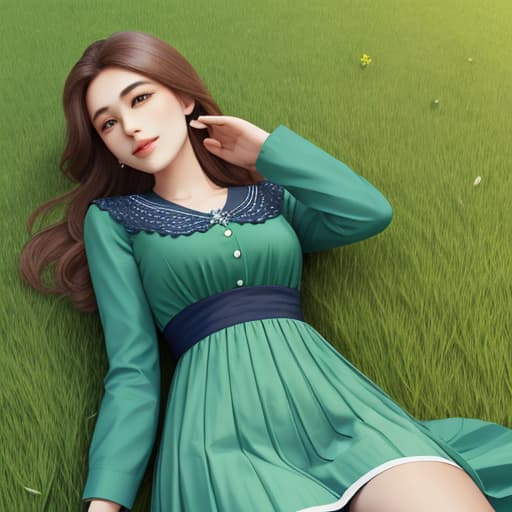  Beautiful woman on green grass,