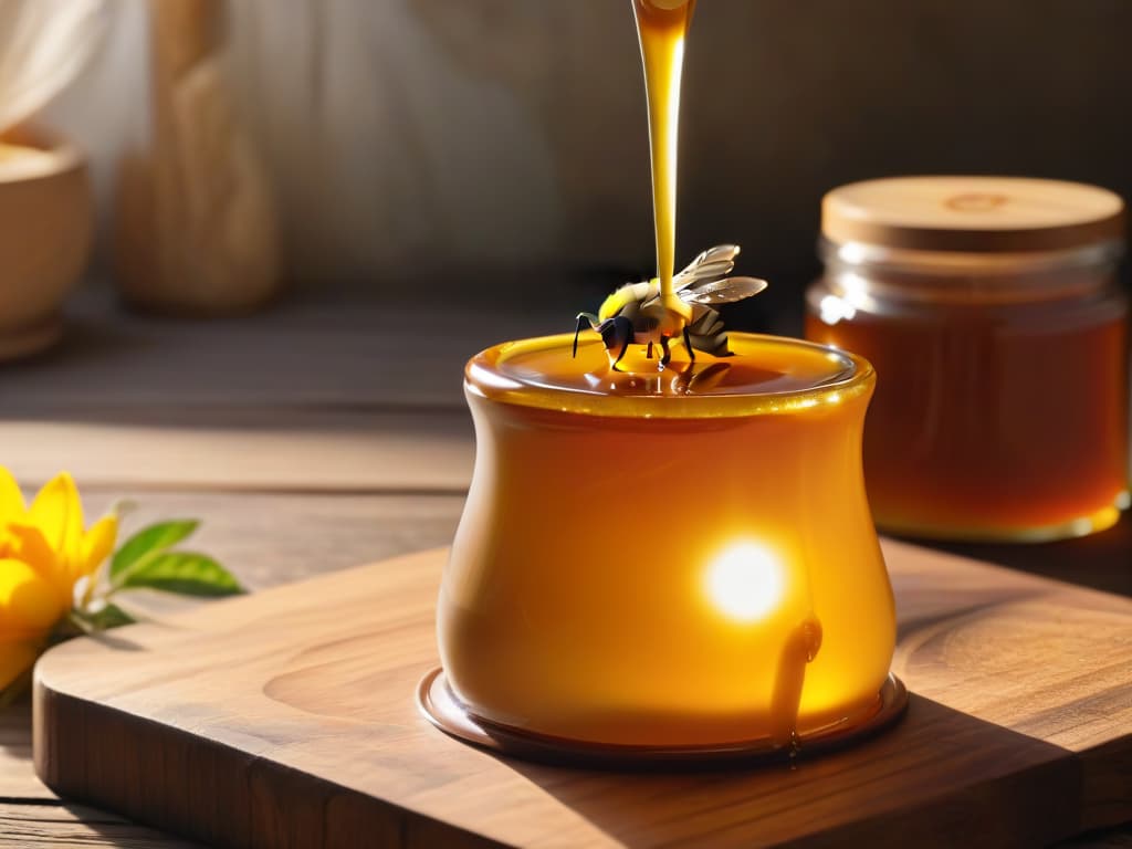  An ultradetailed closeup image of a golden, viscous drop of melipona bee honey delicately suspended from the edge of a wooden honey dipper against a soft, blurred background of a rustic kitchen setting. The drop glistens in the light, showcasing its rich texture and amber hue, while the intricate wood grain of the dipper adds a touch of natural elegance to the scene. The image captures the essence of the sweet and historical significance of melipona bee honey in pastry making, inviting the viewer to appreciate its purity and allure. hyperrealistic, full body, detailed clothing, highly detailed, cinematic lighting, stunningly beautiful, intricate, sharp focus, f/1. 8, 85mm, (centered image composition), (professionally color graded), ((bright soft diffused light)), volumetric fog, trending on instagram, trending on tumblr, HDR 4K, 8K