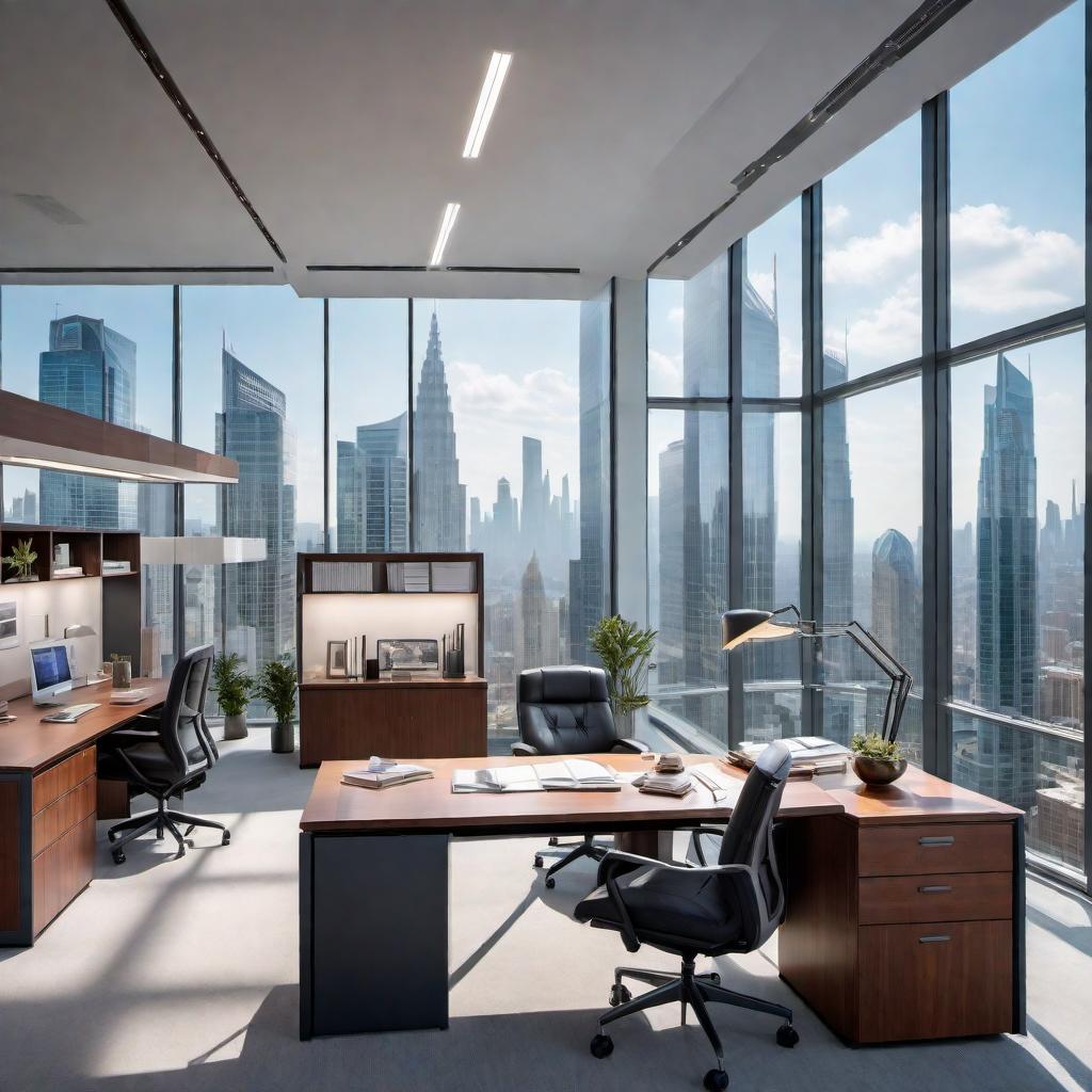  An image of an architect firm office with a detailed scene: a salesman calling on them, and the office includes models of section 8 buildings alongside glass high-rises. The setting should depict a professional environment with architectural models on desks, blueprints, and the hustle and bustle of an architect's office. hyperrealistic, full body, detailed clothing, highly detailed, cinematic lighting, stunningly beautiful, intricate, sharp focus, f/1. 8, 85mm, (centered image composition), (professionally color graded), ((bright soft diffused light)), volumetric fog, trending on instagram, trending on tumblr, HDR 4K, 8K