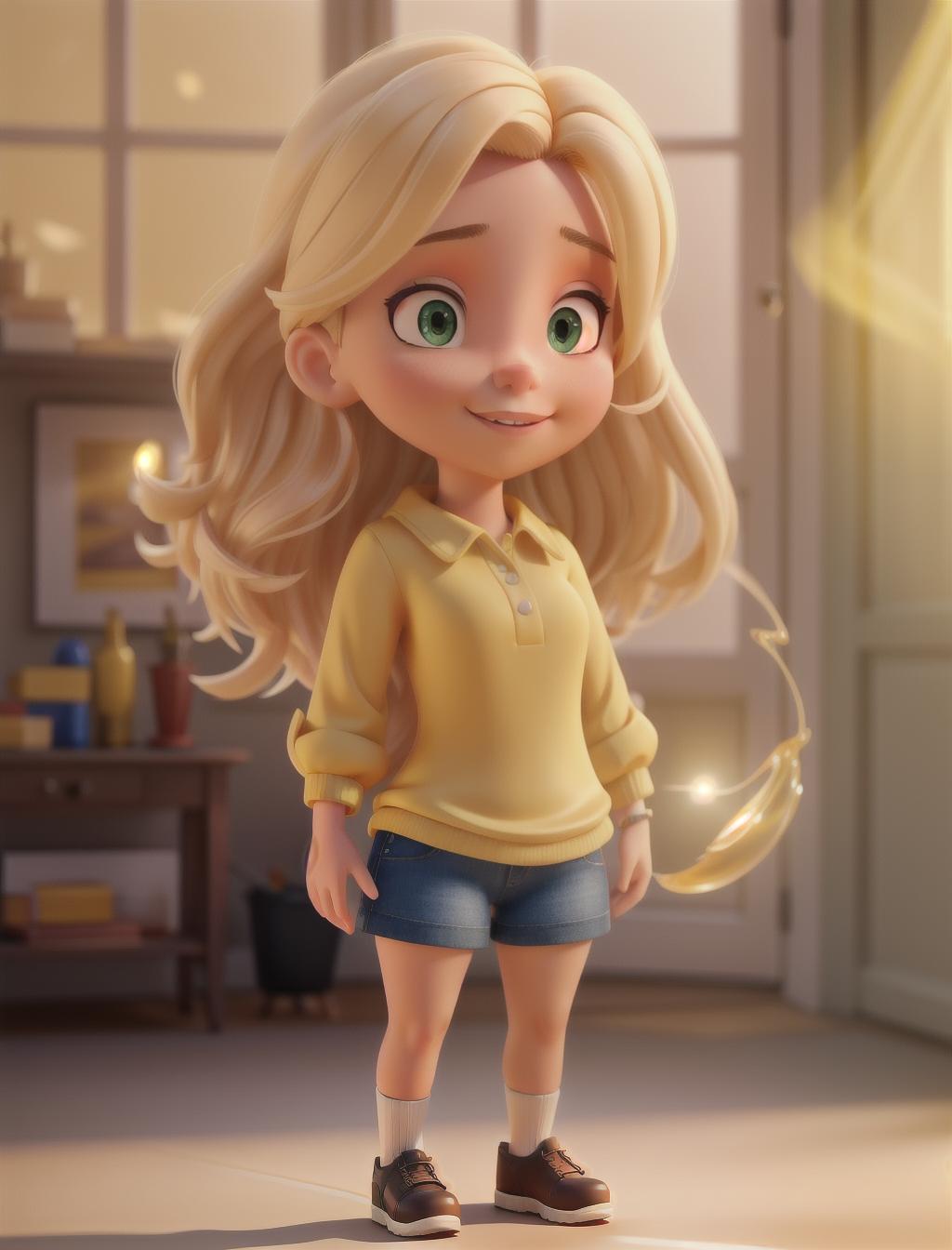  blond girl in a yellow shirt is posing in front of the sun, in the style of jessica drossin, shiny/glossy, konstantinos parthenis, distinctive noses, naomi tydeman, 32k uhd, soft, atmospheric lighting hyperrealistic, full body, detailed clothing, highly detailed, cinematic lighting, stunningly beautiful, intricate, sharp focus, f/1. 8, 85mm, (centered image composition), (professionally color graded), ((bright soft diffused light)), volumetric fog, trending on instagram, trending on tumblr, HDR 4K, 8K