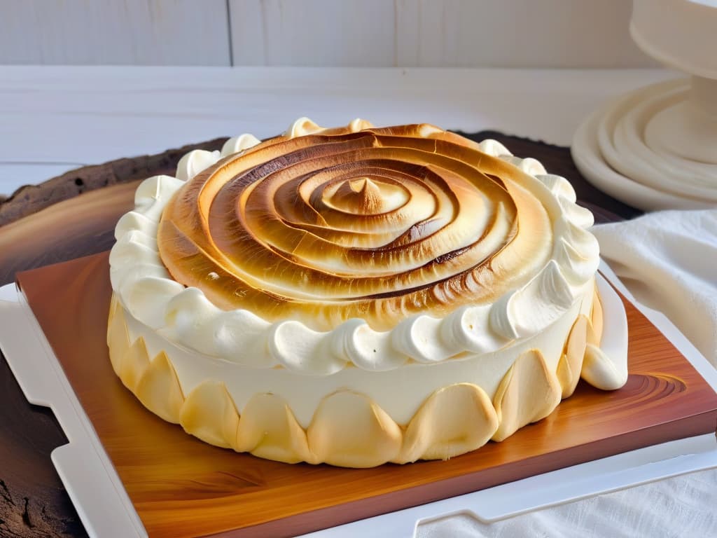  A closeup, minimalist image of a glossy, perfectly peaked meringue swirl atop a freshly baked pie, showcasing the intricate peaks and valleys of the fluffy dessert. The meringue is lightly toasted to a golden hue, with a backdrop of a rustic wooden table to enhance the natural, artisanal feel. hyperrealistic, full body, detailed clothing, highly detailed, cinematic lighting, stunningly beautiful, intricate, sharp focus, f/1. 8, 85mm, (centered image composition), (professionally color graded), ((bright soft diffused light)), volumetric fog, trending on instagram, trending on tumblr, HDR 4K, 8K