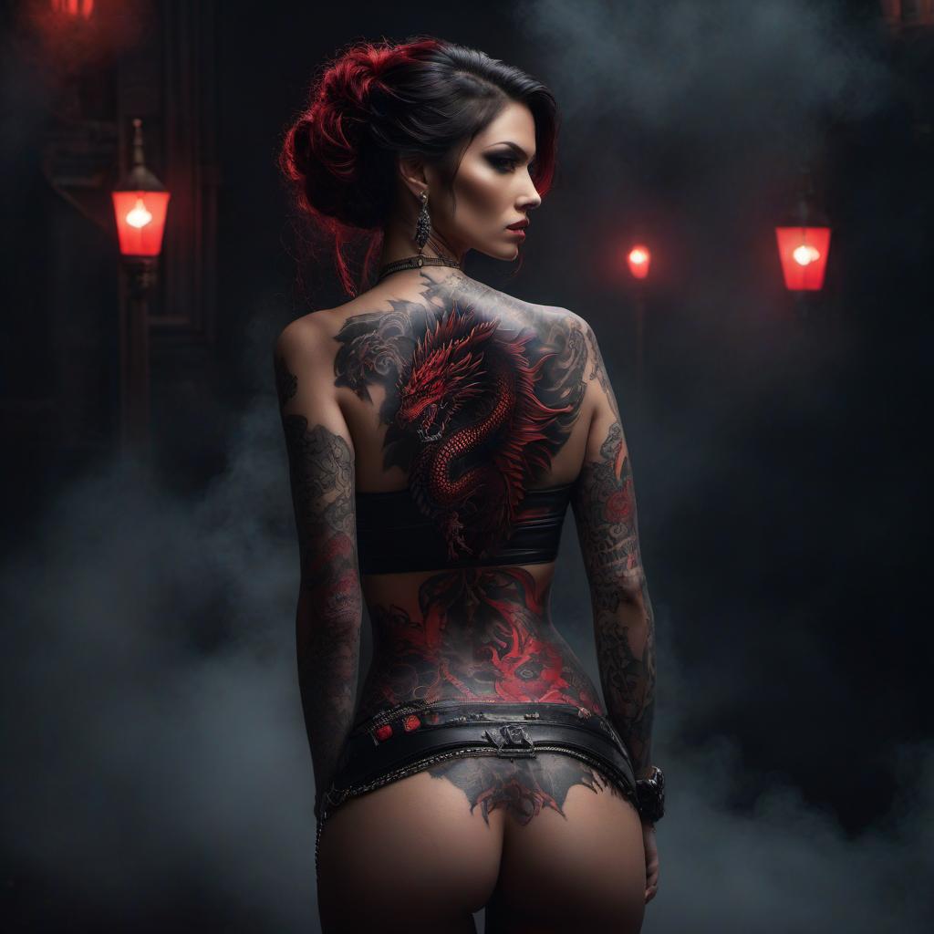  Girl up to her waist, dragon tattoo on her back, gloomy, red lighting, piercing, dark clothing, rock, dark background hyperrealistic, full body, detailed clothing, highly detailed, cinematic lighting, stunningly beautiful, intricate, sharp focus, f/1. 8, 85mm, (centered image composition), (professionally color graded), ((bright soft diffused light)), volumetric fog, trending on instagram, trending on tumblr, HDR 4K, 8K