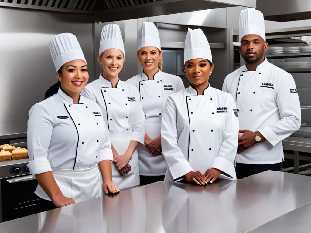  A minimalist, ultradetailed image of a diverse group of pastry chefs working together in a modern kitchen, showcasing teamwork and collaboration in a professional and inspiring setting. hyperrealistic, full body, detailed clothing, highly detailed, cinematic lighting, stunningly beautiful, intricate, sharp focus, f/1. 8, 85mm, (centered image composition), (professionally color graded), ((bright soft diffused light)), volumetric fog, trending on instagram, trending on tumblr, HDR 4K, 8K