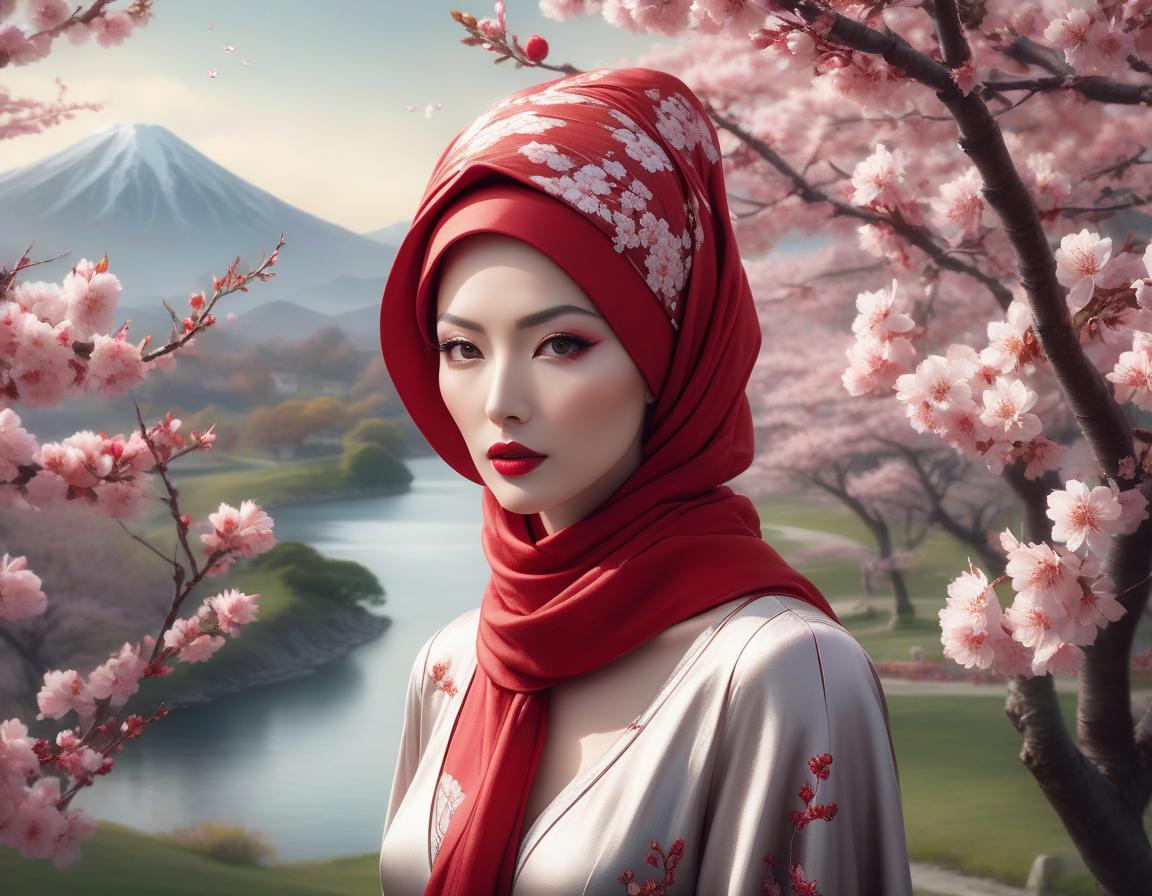  surrealist art A digital art portrait of a woman with a red headscarf, cherry blossoms in her hair, and serene landscape in the background. . dreamlike, mysterious, provocative, symbolic, intricate, detailed hyperrealistic, full body, detailed clothing, highly detailed, cinematic lighting, stunningly beautiful, intricate, sharp focus, f/1. 8, 85mm, (centered image composition), (professionally color graded), ((bright soft diffused light)), volumetric fog, trending on instagram, trending on tumblr, HDR 4K, 8K