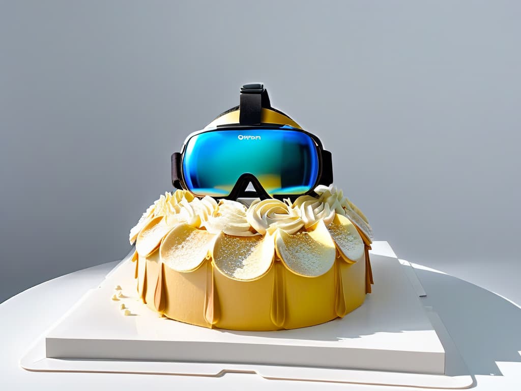  An ultradetailed 8k image of a sleek, modern virtual reality headset overlaid with intricate holographic pastry designs, showcasing the fusion of technology and traditional pastry artistry in a minimalist and elegant style. hyperrealistic, full body, detailed clothing, highly detailed, cinematic lighting, stunningly beautiful, intricate, sharp focus, f/1. 8, 85mm, (centered image composition), (professionally color graded), ((bright soft diffused light)), volumetric fog, trending on instagram, trending on tumblr, HDR 4K, 8K