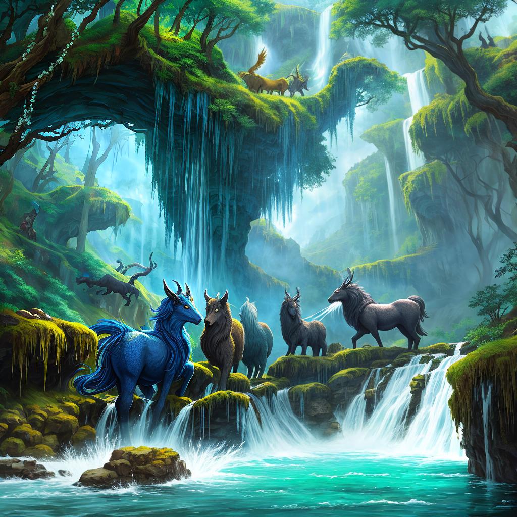  in a fantasy setting, Paint a surreal landscape where mythical beasts roam amidst cascading waterfalls.