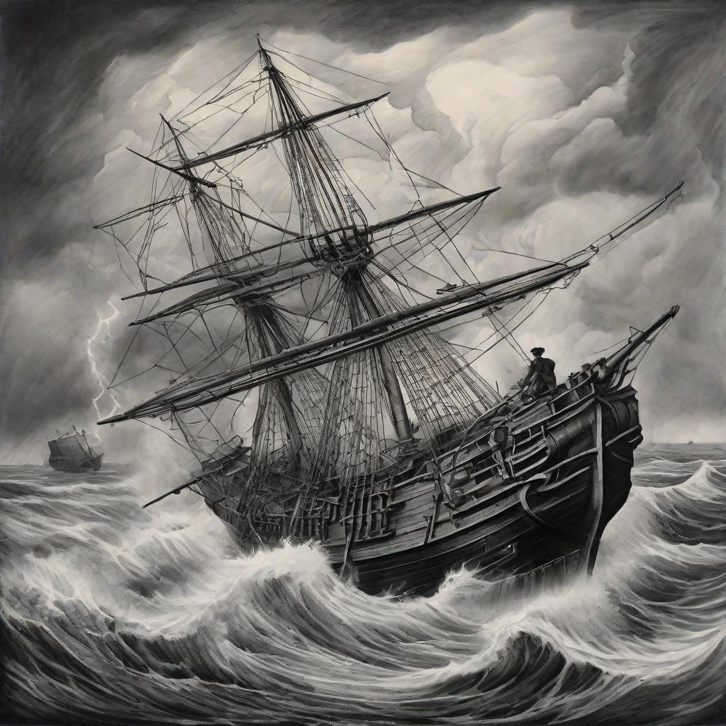  masterpiece, best quality, Whaler struggles to turn a ships wheel in a storm, illlistrative tattoo, black and grey, harpoon, strength