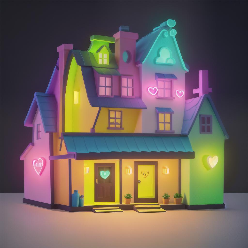  masterpiece, best quality, undetailed one-line drawing neon illustration style, very simple undetailed neon house with a heart drawing, neon details only, no background images, all captured in stunning 8k resolution, bright colors, dark background