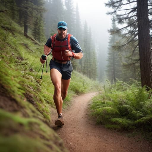  (trailrunning men), photorealistic, highly detailed, 4k, high quality hyperrealistic, full body, detailed clothing, highly detailed, cinematic lighting, stunningly beautiful, intricate, sharp focus, f/1. 8, 85mm, (centered image composition), (professionally color graded), ((bright soft diffused light)), volumetric fog, trending on instagram, trending on tumblr, HDR 4K, 8K