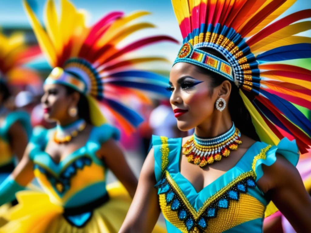  An ultradetailed image of a group of vibrant costumed dancers at the Barranquilla Carnival, showcasing intricate beadwork, colorful fabrics, and elaborate headdresses. The focus is on the intricate details of the costumes, capturing the essence of tradition and cultural pride. Each dancer is captured midmovement, exuding energy and passion, while the background features a blur of spectators and the sounds of lively music. The image transports the viewer to the heart of the carnival, evoking a sense of unity and celebration. hyperrealistic, full body, detailed clothing, highly detailed, cinematic lighting, stunningly beautiful, intricate, sharp focus, f/1. 8, 85mm, (centered image composition), (professionally color graded), ((bright soft diffused light)), volumetric fog, trending on instagram, trending on tumblr, HDR 4K, 8K