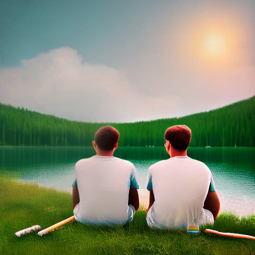 mdjrny-v4 style two young men sitting by a fire near a lake. they are smoking weed and drinking beer