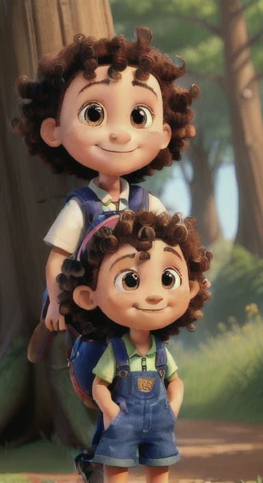  {The tree with a smiling face formed by its bark, looking down at Riley., Riley, a curious with big brown eyes and curly hair, wearing overalls and carrying a small backpack. Their friend, Skye, a bluebird with shiny feathers.