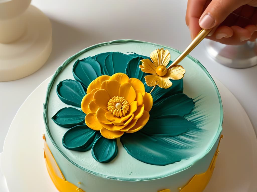  An ultradetailed closeup image of a delicate fondant flower being meticulously painted with edible gold paint, showcasing the intricate brush strokes and vibrant shimmer of the metallic color against the pastel petal, set against a clean, white background to emphasize the artistry and precision of edible painting techniques in pastry decoration. hyperrealistic, full body, detailed clothing, highly detailed, cinematic lighting, stunningly beautiful, intricate, sharp focus, f/1. 8, 85mm, (centered image composition), (professionally color graded), ((bright soft diffused light)), volumetric fog, trending on instagram, trending on tumblr, HDR 4K, 8K