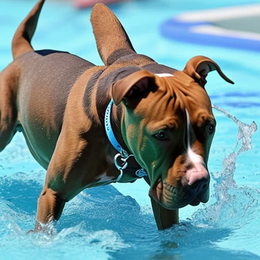  Un perro pitbull saltado a una pisina desde ina tabla de salto olímpico,la imagen debe mostra la camara como si el pitbull saltando en primera persona