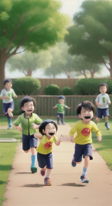  {Children playing a game of tag and laughing., Children running around with joyful expressions on their faces.