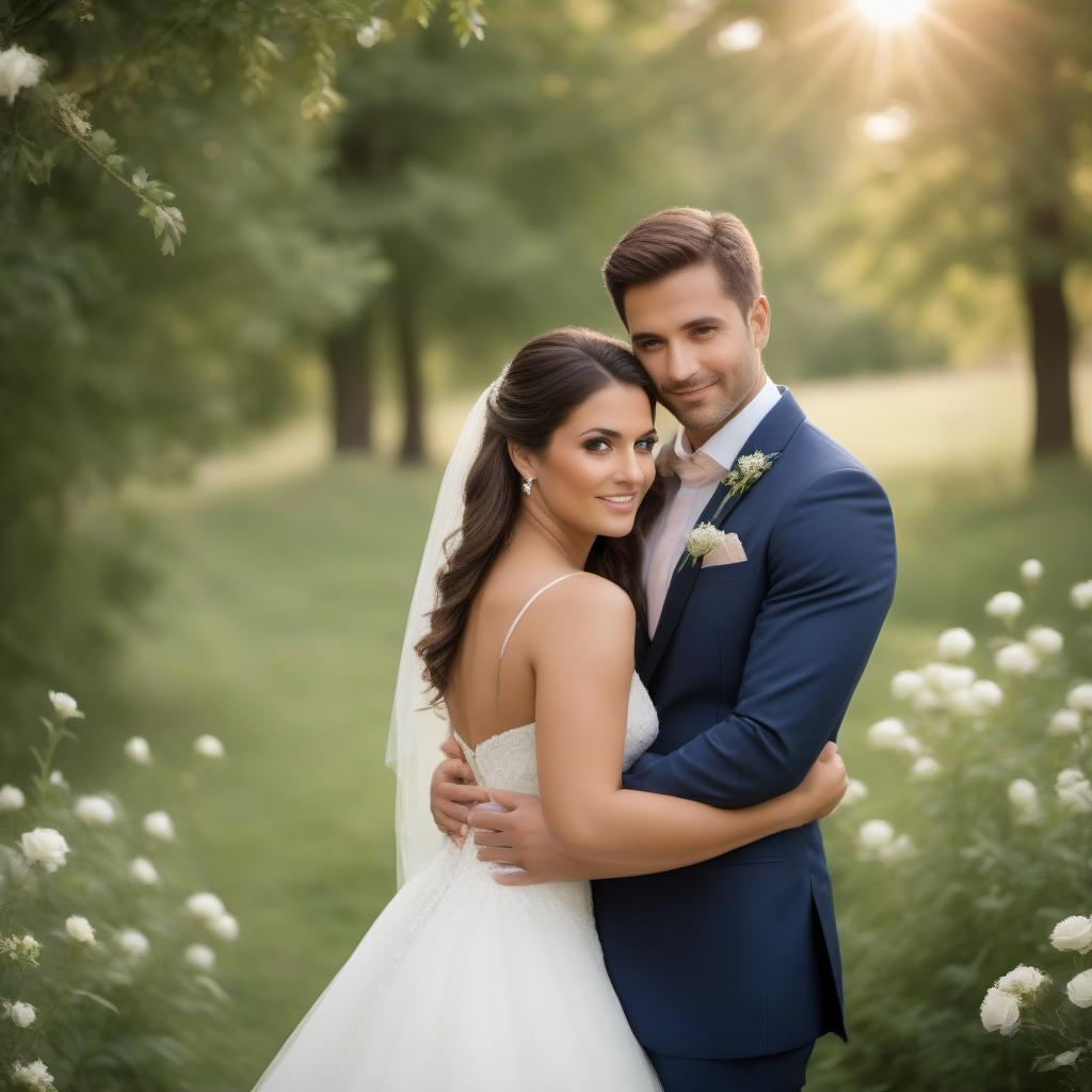  Wedding photography session, outdoor portrait of {the bride and [subject] as the groom,[subject] as the bride and the groom} in a beautiful natural surrounding, bride and groom are very happy, romantic photo taken by a professional wedding photographer with a Canon RS Mark II, romantic lighting mood on a sunny day