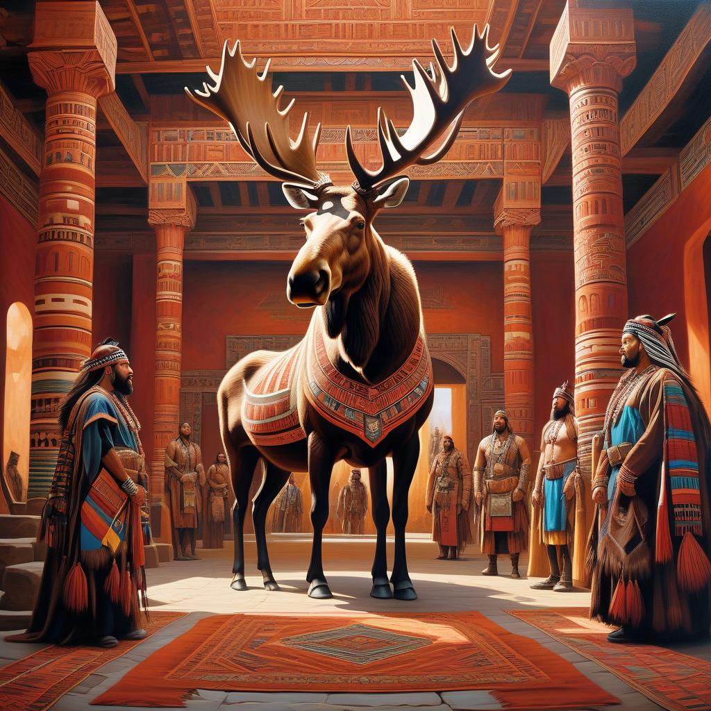  tribal style Oil painting. A large room of moose, the architectural beauty of an ancient city, intricate and beautiful. . indigenous, ethnic, traditional patterns, bold, natural colors, highly detailed hyperrealistic, full body, detailed clothing, highly detailed, cinematic lighting, stunningly beautiful, intricate, sharp focus, f/1. 8, 85mm, (centered image composition), (professionally color graded), ((bright soft diffused light)), volumetric fog, trending on instagram, trending on tumblr, HDR 4K, 8K