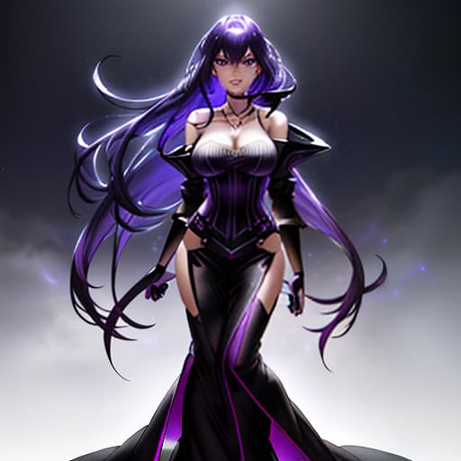  Create an image of an anime character, standing against the backdrop of a magical world with the edges darkening. The has long, loose hair blowing in the wind. Her outfit consists of a black top without sleeves and a , along with leather celets and a necklace. A soft glow of neon lighting in a purplish pink tone surrounds her figure, creating a mystical aura and adding an atmosphere of mystery and power. Purple and blue tones are prioritized. hyperrealistic, full body, detailed clothing, highly detailed, cinematic lighting, stunningly beautiful, intricate, sharp focus, f/1. 8, 85mm, (centered image composition), (professionally color graded), ((bright soft diffused light)), volumetric fog, trending on instagram, trending on tumblr, HDR 4K, 8K
