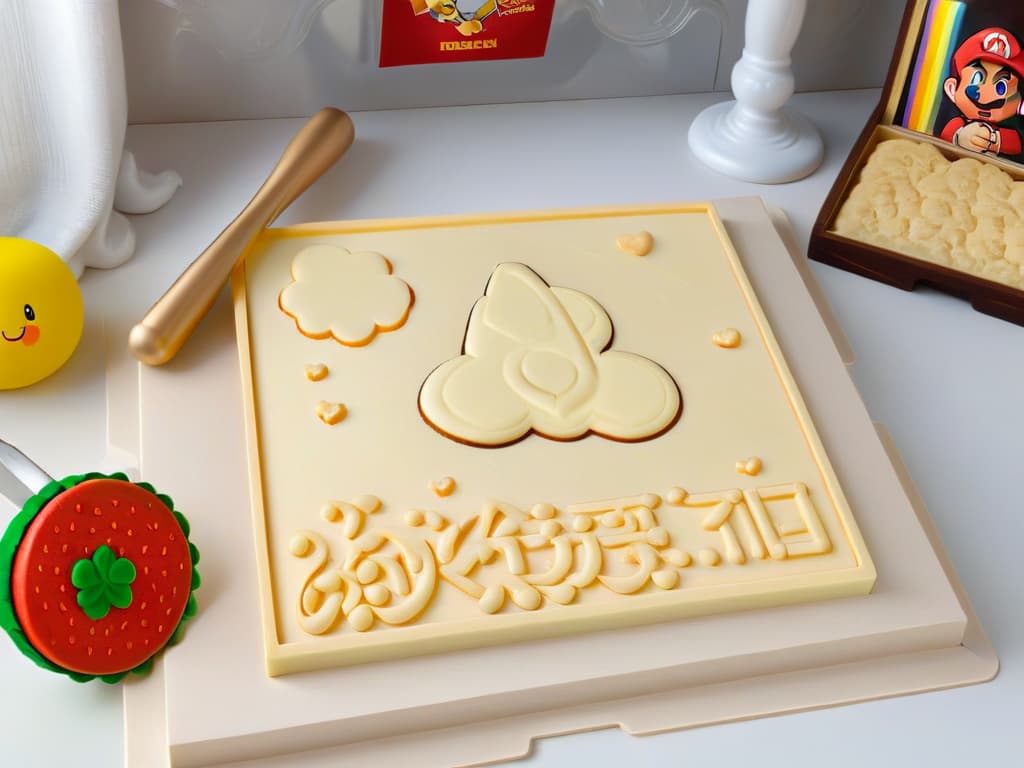  An ultradetailed 8k image of a sleek, minimalistic kitchen set featuring a rolling pin, cookie cutters, and measuring spoons all intricately designed with iconic symbols and characters from Nintendo games like Mario, Zelda, and Pokemon. The utensils gleam with a metallic sheen, set against a backdrop of a pristine marble countertop, exuding a sense of professional craftsmanship and inspiring creativity for baking enthusiasts who are fans of Nintendo. hyperrealistic, full body, detailed clothing, highly detailed, cinematic lighting, stunningly beautiful, intricate, sharp focus, f/1. 8, 85mm, (centered image composition), (professionally color graded), ((bright soft diffused light)), volumetric fog, trending on instagram, trending on tumblr, HDR 4K, 8K