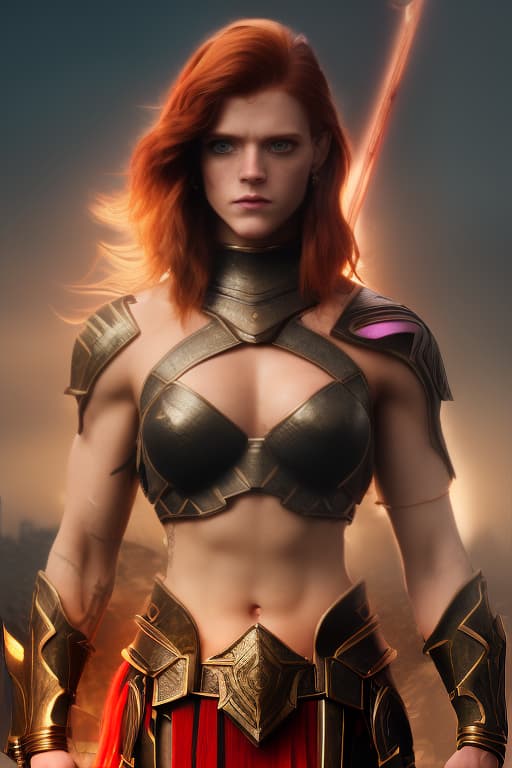 redshift style Rose Leslie Female Gladiator, Black Gladiator Armor, Big Anime Girl Eyes, Ancient Tribal Tattoos, Detailed Face, Beautiful Face, Upper Body View Portrait, Built Female Body Physique, Toned Female Muscle, Female Body Shape, Fit Female Body, 4KUHD quality, 1080i, 1080p, Cinematic Quality, Dramatic Lighting, Bokeh, Unreal Engine 5, Cel Shaded Style, Surrounded by Cosmic Fire, Anime Asthetic, DBZ Asthetic, Studio Ghibli Asthetic, Dungeons and Dragons Asthetic, Gladiator Background, Battlefield Background [DreamGlow (NEW)], porealistic, high quality, highly detailed, cinematic lighting, intricate, sharp focus, f/1. 8, 85mm, (centered image composition), (professionally color graded), ((bright soft diffused light)), volumetric fog, trending on i