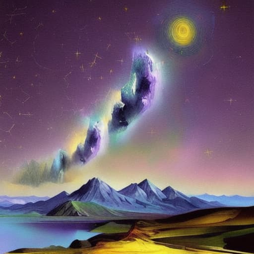  Nighttime painterly landscape galaxy mountain star beauty on planet from artist Dali