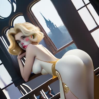  Scarlett Johansson as a Fantasy-Disney-like in bodytight royaly opulent white creamy and yellowed short dress showing in full view from behind her perfect curved while over window leaning on elbows while watching from over her shoulder