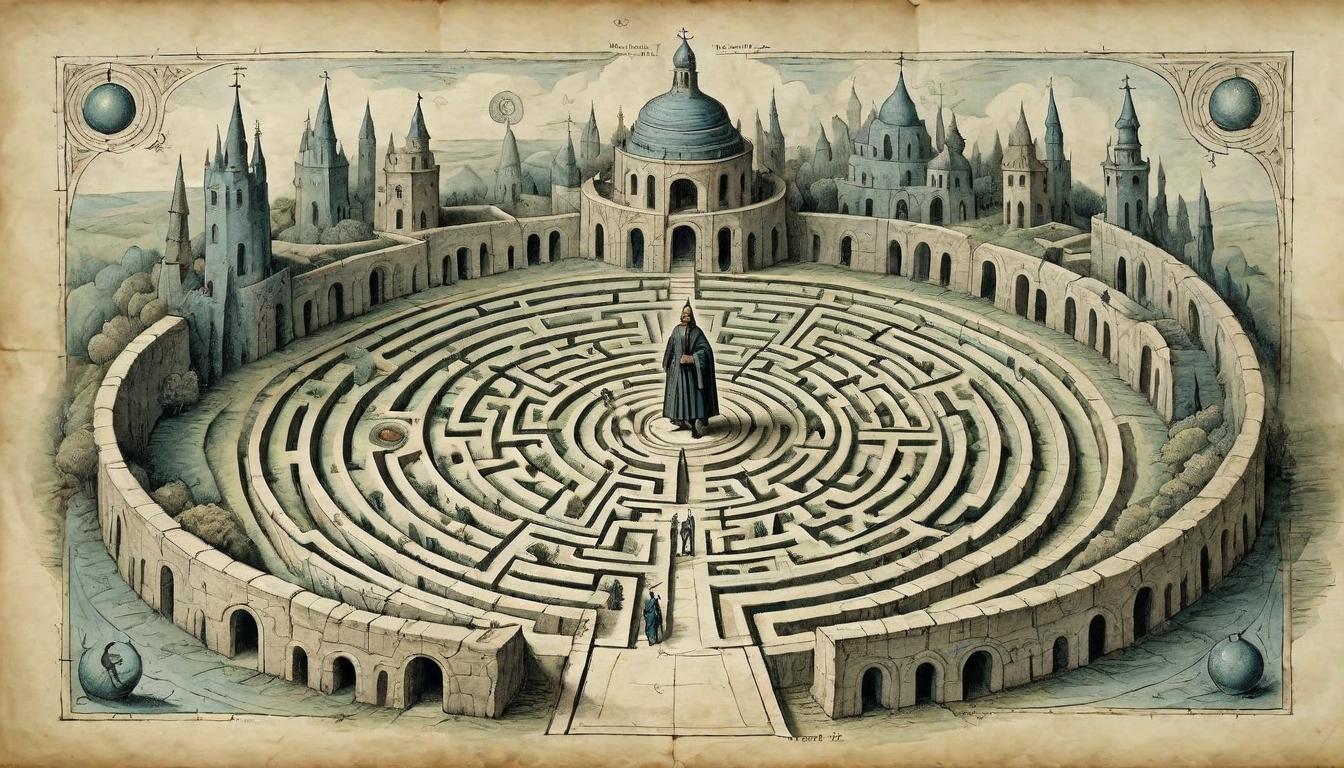  on parchment, surrealism+++, Figure standing atop a labyrinth, clear paths highlighted, intricate design, commanding, strategic(mysterious, provocative, symbolic,muted color)+++