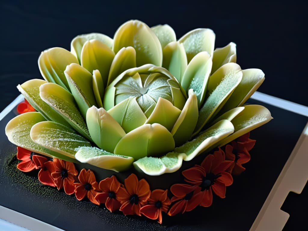  A closeup, ultradetailed image of a delicate, intricate sugar sculpture resembling a blooming flower, with each petal crafted with precision and elegance. The sculpture is set against a sleek, black backdrop, emphasizing its fine details and minimalist beauty. The play of light and shadow highlights the artistry and craftsmanship involved in creating this edible masterpiece, evoking a sense of sophistication and creativity in modern pastry design. hyperrealistic, full body, detailed clothing, highly detailed, cinematic lighting, stunningly beautiful, intricate, sharp focus, f/1. 8, 85mm, (centered image composition), (professionally color graded), ((bright soft diffused light)), volumetric fog, trending on instagram, trending on tumblr, HDR 4K, 8K