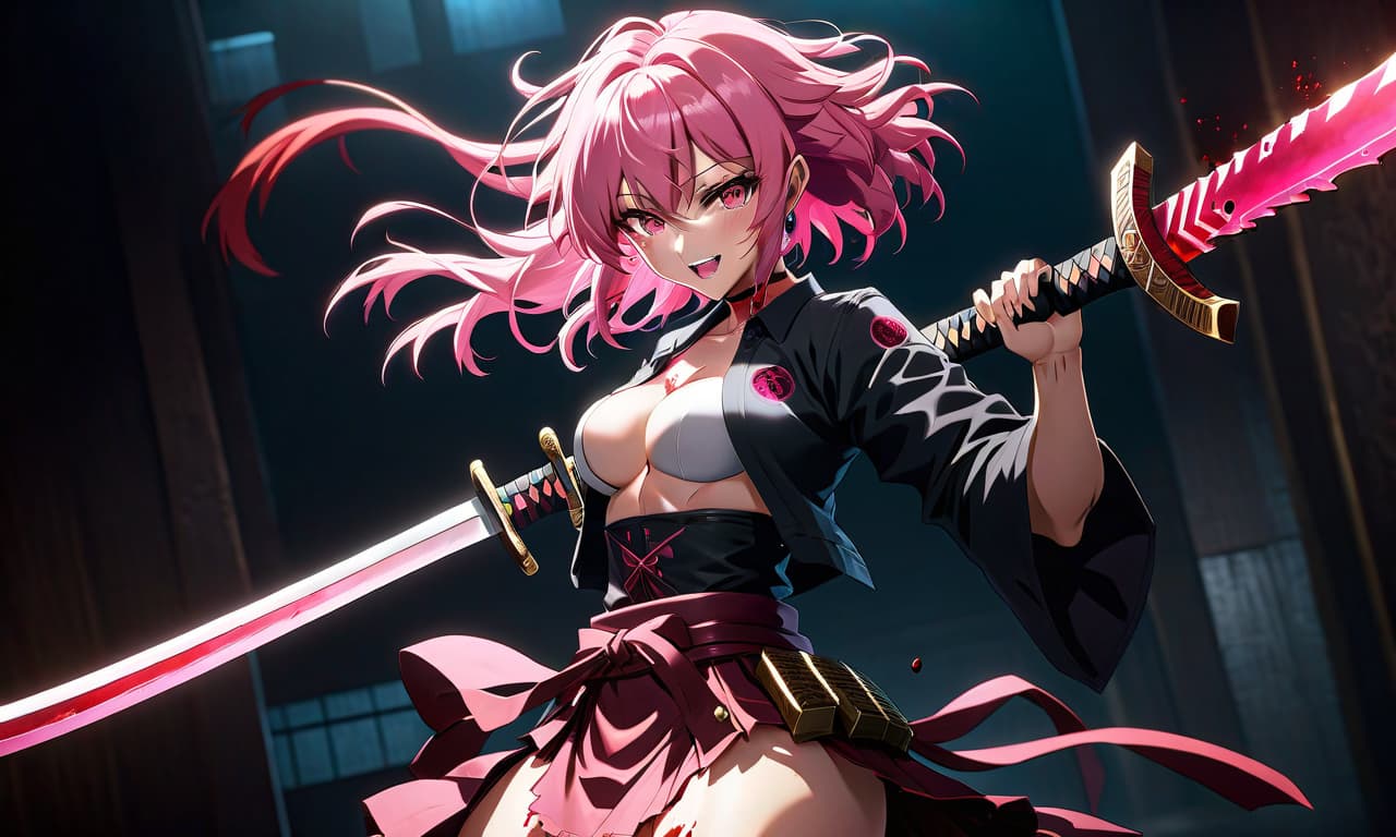  anime artwork A character with pink hair and a katana in hand, bloodstains on their face, and a manic smile kills people by slicing them in half in a dark room with dim neon lighting. Add more corpses and much more blood. The character should be shown full height but the image should be as dynamic as possible. . anime style, key visual, vibrant, studio anime, highly detailed hyperrealistic, full body, detailed clothing, highly detailed, cinematic lighting, stunningly beautiful, intricate, sharp focus, f/1. 8, 85mm, (centered image composition), (professionally color graded), ((bright soft diffused light)), volumetric fog, trending on instagram, trending on tumblr, HDR 4K, 8K