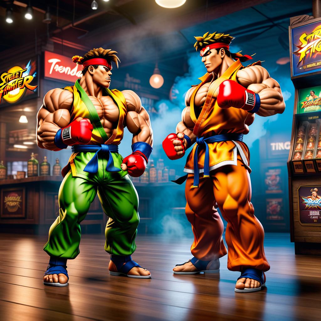  Street Fighter style Two cannabis bottles in the form of cartoon characters, standing and smoking joints, laugh. In the background is the "Smoky Mind" store. . vibrant, dynamic, arcade, 2D fighting game, highly detailed, reminiscent of Street Fighter series hyperrealistic, full body, detailed clothing, highly detailed, cinematic lighting, stunningly beautiful, intricate, sharp focus, f/1. 8, 85mm, (centered image composition), (professionally color graded), ((bright soft diffused light)), volumetric fog, trending on instagram, trending on tumblr, HDR 4K, 8K