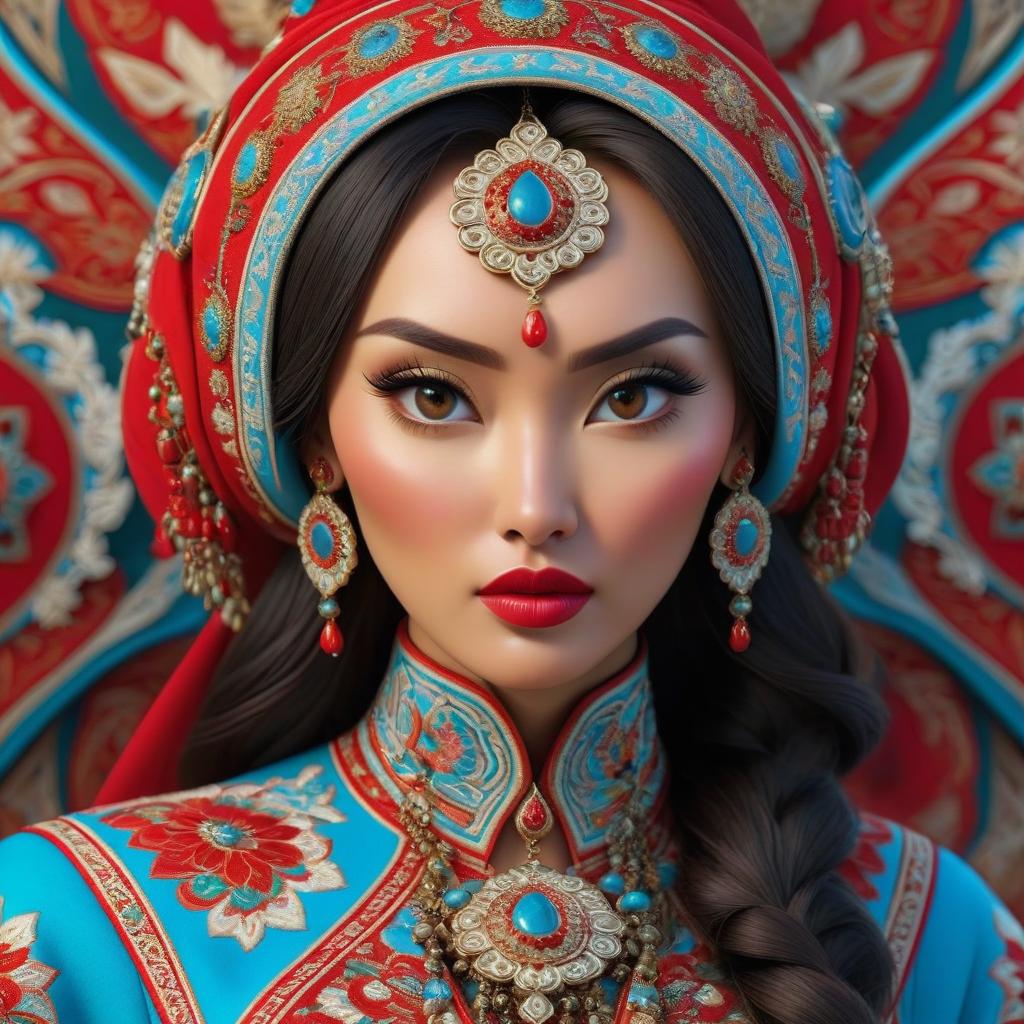  Advertising poster style Kazakh and Kyrgyz ornaments are beautiful. Beautiful patterns. . Professional, modern, product focused, commercial, eye catching, highly detailed hyperrealistic, full body, detailed clothing, highly detailed, cinematic lighting, stunningly beautiful, intricate, sharp focus, f/1. 8, 85mm, (centered image composition), (professionally color graded), ((bright soft diffused light)), volumetric fog, trending on instagram, trending on tumblr, HDR 4K, 8K