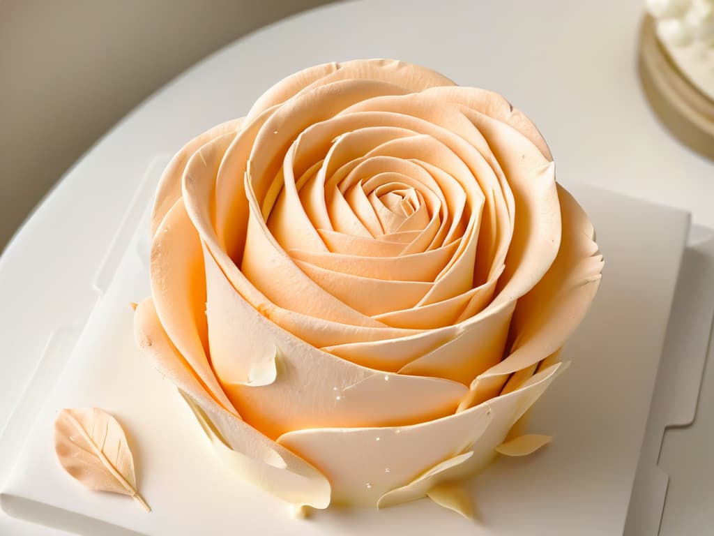  A closeup, ultradetailed image of a skilled pastry chef delicately sculpting a lifelike rose out of sugar paste, showcasing intricate details like delicate petals and realistic textures, all set against a clean, minimalistic background to highlight the artistry and precision behind creating sugar sculptures. hyperrealistic, full body, detailed clothing, highly detailed, cinematic lighting, stunningly beautiful, intricate, sharp focus, f/1. 8, 85mm, (centered image composition), (professionally color graded), ((bright soft diffused light)), volumetric fog, trending on instagram, trending on tumblr, HDR 4K, 8K