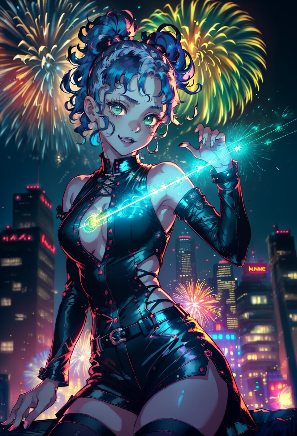 ((trending, highres, masterpiece, cinematic shot)), 1girl, young, female goth clothing, fireworks scene, short curly light blue hair, side ponytail, narrow green eyes, barbaric personality, happy expression, dark skin, magical, limber