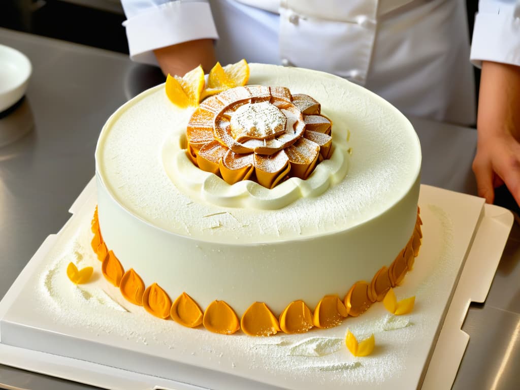  A closeup, ultradetailed image of a delicate sugar sculpture being meticulously crafted by a pastry chef's skilled hands. The chef is wearing a crisp white uniform, and the background showcases a bustling kitchen filled with various baking tools and ingredients. The translucent sugar art piece is taking shape as the chef delicately sculpts intricate details, capturing the essence of the importance of sugar in exquisite pastry creations throughout history. hyperrealistic, full body, detailed clothing, highly detailed, cinematic lighting, stunningly beautiful, intricate, sharp focus, f/1. 8, 85mm, (centered image composition), (professionally color graded), ((bright soft diffused light)), volumetric fog, trending on instagram, trending on tumblr, HDR 4K, 8K