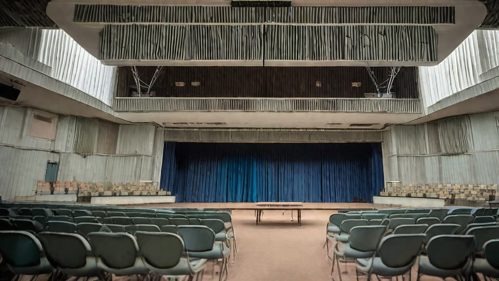  The Chernobyl trial took place roughly a year after the disaster, in the town of Chernobyl, approximately 9 kilometers from the power plant. It lasted only two weeks. For the proceedings, a community center was transformed into a courtroom. A curtain was placed to cover the depth of the stage, leaving only a narrow space on the proscenium to accommodate the three judges' seats and a small table for the stenographer (court reporter) next to them. The first rows in the audience section were removed to make space for the accused seating, defense and prosecution tables, witness stand, and security. The remaining seats were left for a small group of spectators and a limited number of journalists.