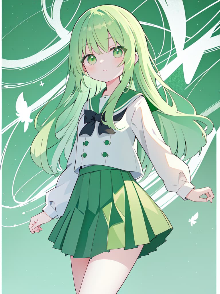  Green Hair, Green Eye, Long Hair, green sailor uniforms, Skirt, Katyusha, the background, masterpiece, best quality,8k,ultra detailed,high resolution,an extremely delicate and beautiful,hyper detail