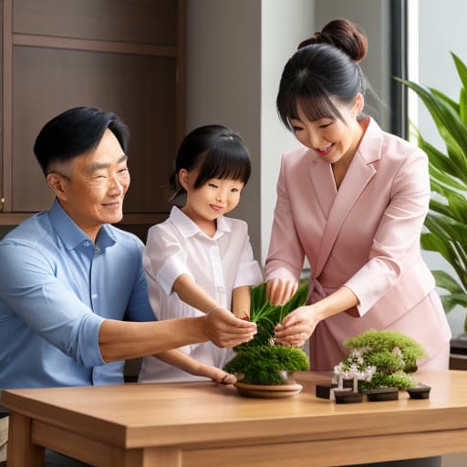  (Asian family doing a ikebana for mother's day), photorealistic, highly detailed, 4k, high quality hyperrealistic, full body, detailed clothing, highly detailed, cinematic lighting, stunningly beautiful, intricate, sharp focus, f/1. 8, 85mm, (centered image composition), (professionally color graded), ((bright soft diffused light)), volumetric fog, trending on instagram, trending on tumblr, HDR 4K, 8K