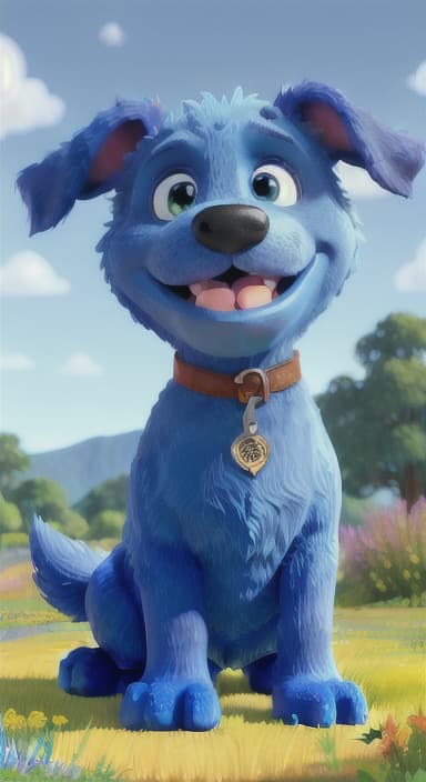  {A happy, big blue dog wagging its tail in a colorful meadow, The big blue dog is large with sky blue fur, big round eyes, a black nose, and floppy ears.