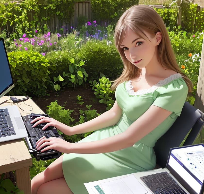  Beautiful girl sits working on the computer in the garden