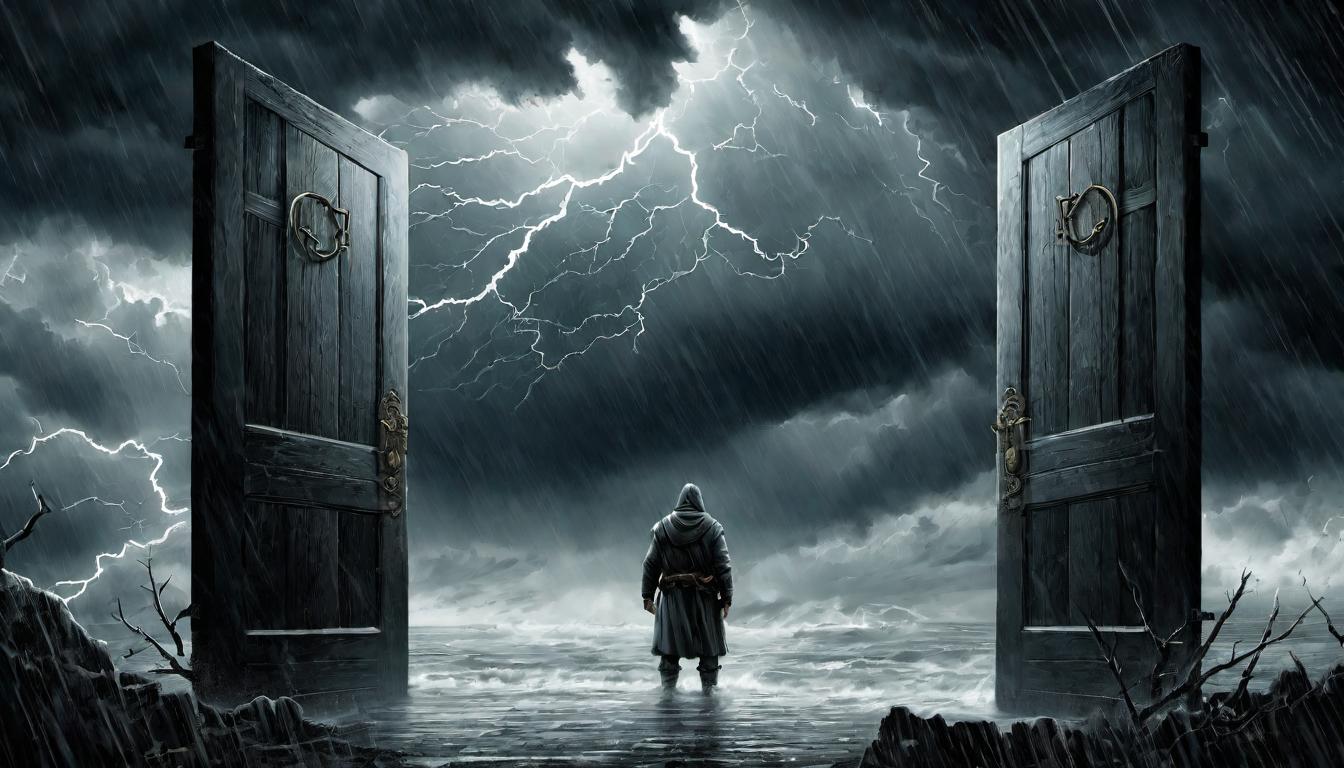  digital illustration, A sturdy door barred from the inside, outside, a gathering storm, a person standing resolute but wary. Facing adversity, the challenge of confrontation, standing firm against denial, safeguarding principles, the storm of confrontation., looking at viewer, dynamic pose, (intricate details, masterpiece, best quality)