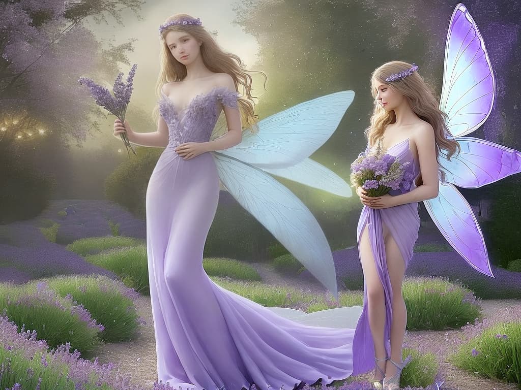  a beautiful realistic, full body, fairy, flying, through holding a bouquet of lavender, with a fairy forest full of lights in the background