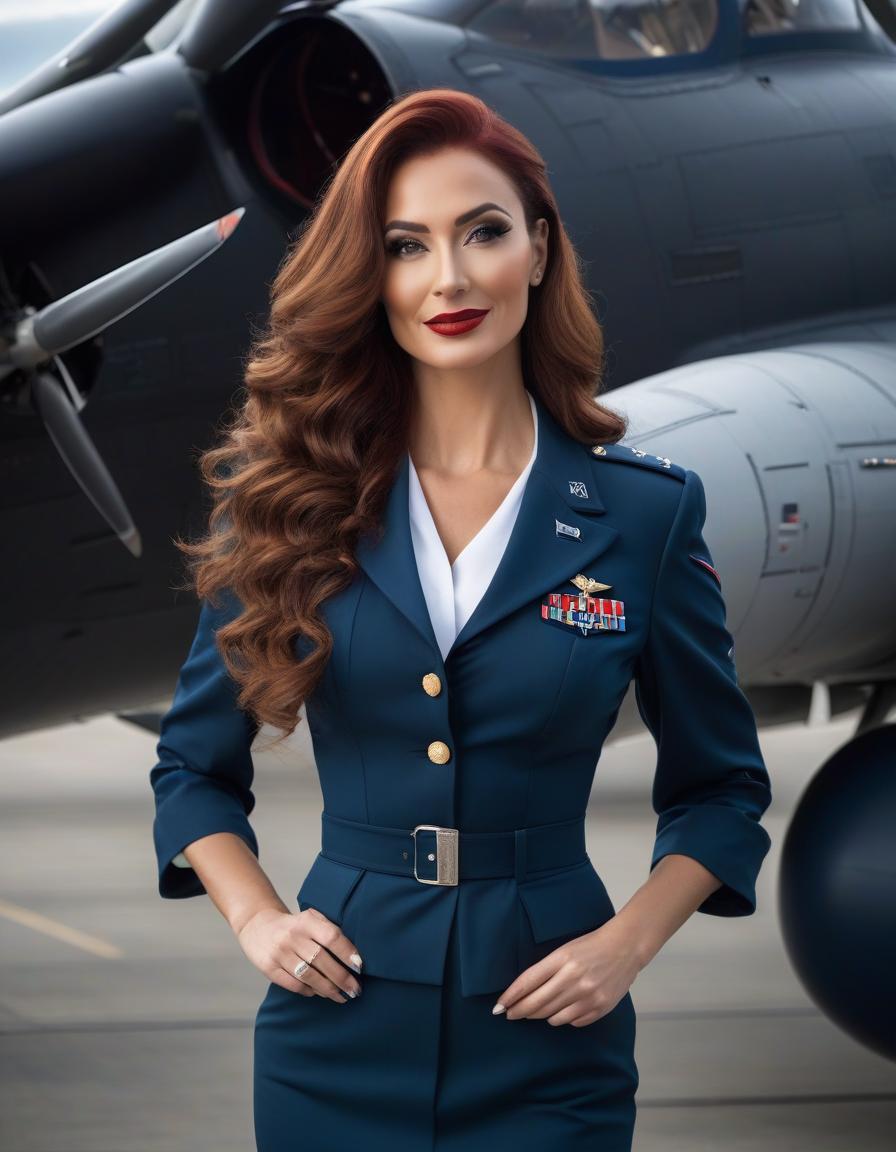  A woman in an Air Force uniform is waiting for her boyfriend, she is about 30 year, elegant, smart, smiles ly, magnificent s, tall, long legged, She has lush dark red long curly hair, fresh and emphasizing the beauty of the defiant makeup and emerald eyes. From under the frivolously unoned uniform dark blue with silver hardware, with epaulettes of lieutenant, tunic, a beautiful and expensive red black satin corset with lace trim, from under the short dark blue uniform can be seen red garters and black fishnet stockings with red lace, on her feet elegant red high heeled shoes. A behind her and outside the airfield is parked a clic Soviet car of the 80's. In the background in the distance hyperrealistic, full body, detailed clothing, highly detailed, cinematic lighting, stunningly beautiful, intricate, sharp focus, f/1. 8, 85mm, (centered image composition), (professionally color graded), ((bright soft diffused light)), volumetric fog, trending on instagram, trending on tumblr, HDR 4K, 8K