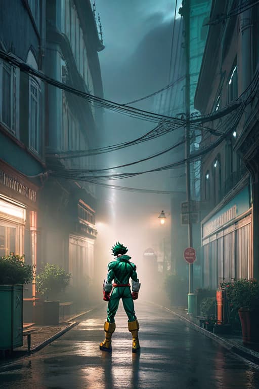  1boy, male focus, midoriya izuku, boku no hero academia, injury, electricity,, masterpiece, best quality, very aesthetic, absurdres hyperrealistic, full body, detailed clothing, highly detailed, cinematic lighting, stunningly beautiful, intricate, sharp focus, f/1. 8, 85mm, (centered image composition), (professionally color graded), ((bright soft diffused light)), volumetric fog, trending on instagram, trending on tumblr, HDR 4K, 8K