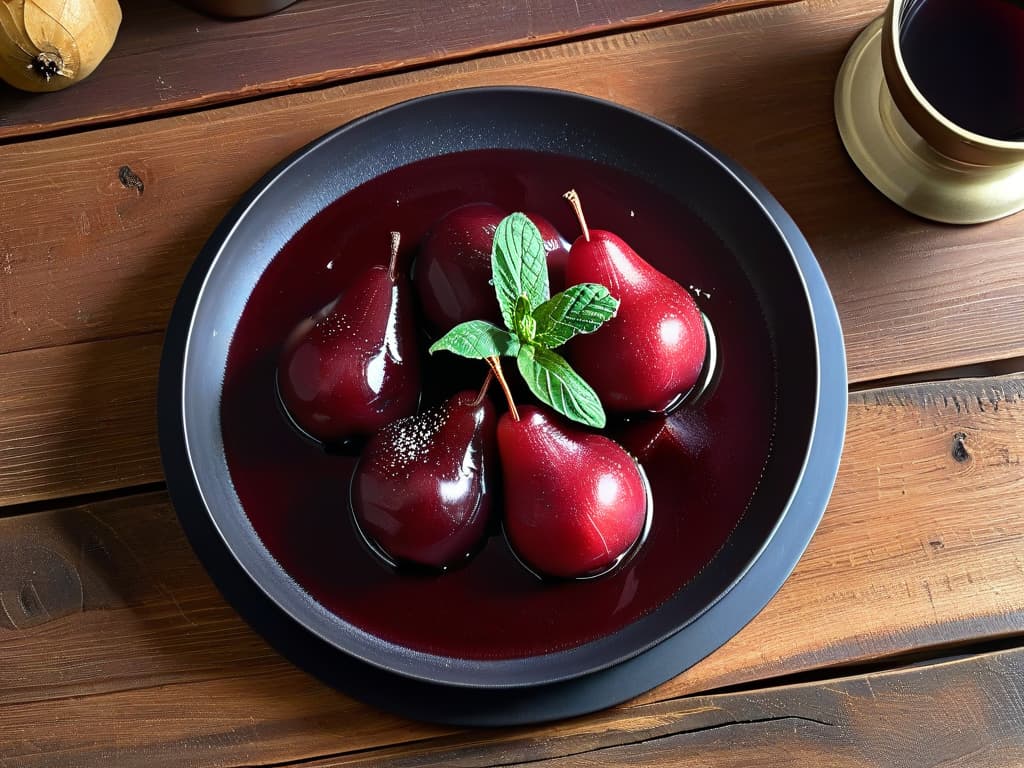  An ultradetailed photorealistic image of a beautifully arranged plate of poached pears in red wine reduction, garnished with fresh mint leaves and a sprinkle of cinnamon, set against a rustic wooden backdrop. The pears are perfectly cooked, glistening with the rich wine sauce, capturing the essence of this classic autumn dessert reinvented with a modern twist. The lighting highlights the textures and colors, making the dish appear inviting and delectable, sure to impress any guest. hyperrealistic, full body, detailed clothing, highly detailed, cinematic lighting, stunningly beautiful, intricate, sharp focus, f/1. 8, 85mm, (centered image composition), (professionally color graded), ((bright soft diffused light)), volumetric fog, trending on instagram, trending on tumblr, HDR 4K, 8K